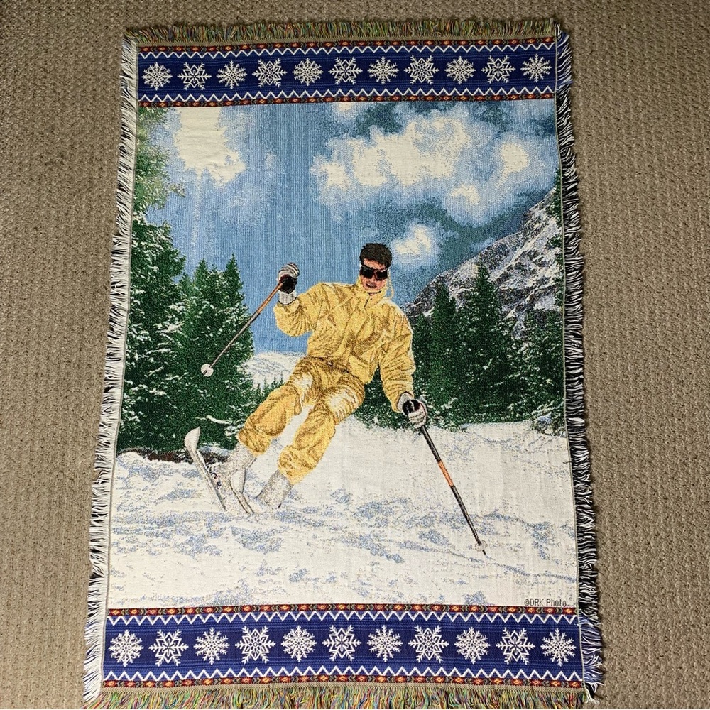 Vintage ski tapestry throw blanket by Goodwin Weavers approx 66" x 46"